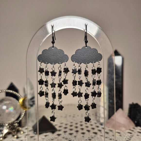 Black Obsidian Starry Night Gemstone Cloud Earrings - Picture 1 of 7